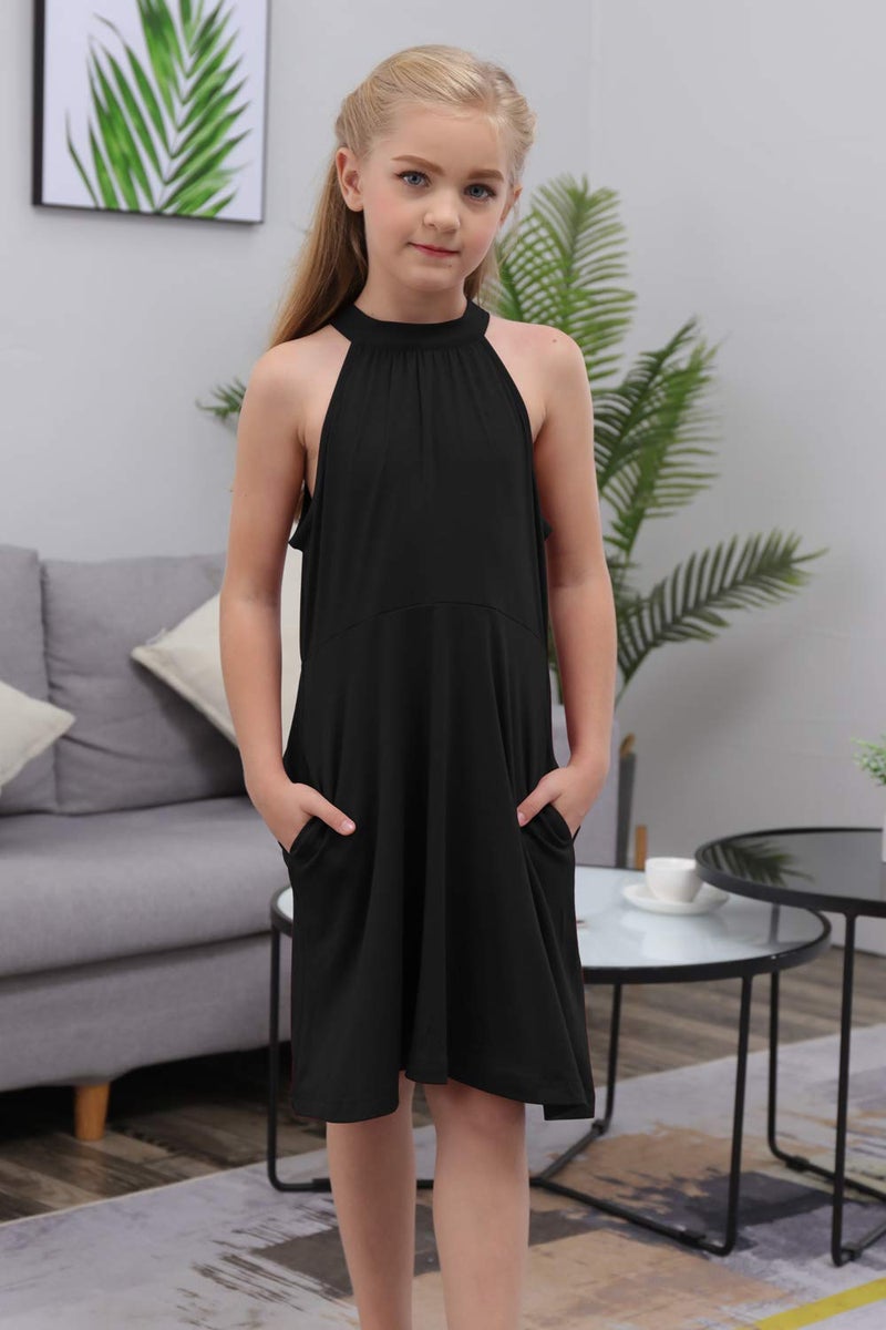 GORLYA Girl's Halter Neck Cold Shoulder Sleeveless Summer Casual Sundress A-line Dress with Pockets for 4-12 Years(GOR1013,12Y,Black) - Image 4